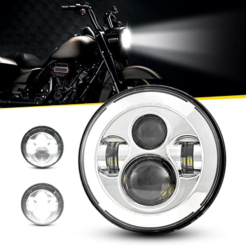 Image of Dot Approved 7Inch Chrome LED Headlight with Mounting Bracket Compatible with Motorcycle Tour,FLD,Softail Heritage,Street Glide,Road King,Electra Glide,Yamaha V-Star Road Star Wrangler