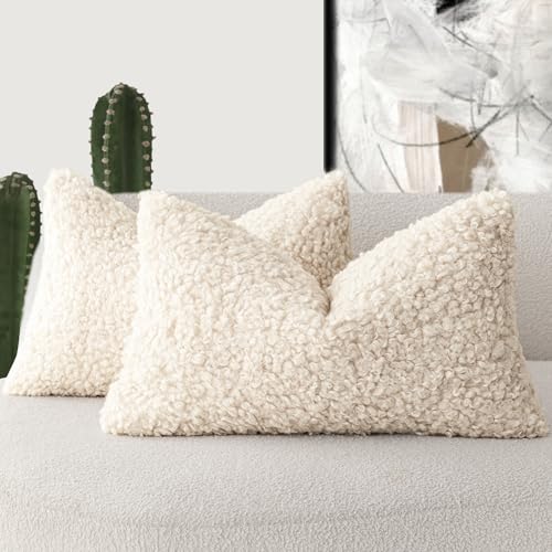 Image of Foindtower Set of 2 Curly Teddy Wool Pillow Covers Decorative Boucle Textured Lumbar Throw Pillow Faux Fur Sherpa Pillowcases Sheepskin Fuzzy Cushion Case for Sofa Bedroom Car 12 inchx20 inch Cream Beige