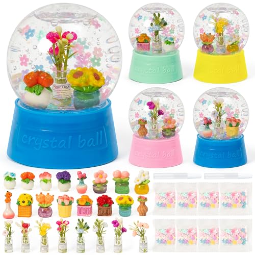 HoniedPepperino Spring Summer Snow Globes Craft Kit - 8 Set DIY Plastic Snow Globe Craft with Mini Resin Tulips Make Your Own Graduation Party Decor with Glitter for Art Activity Gifts (Flowers)