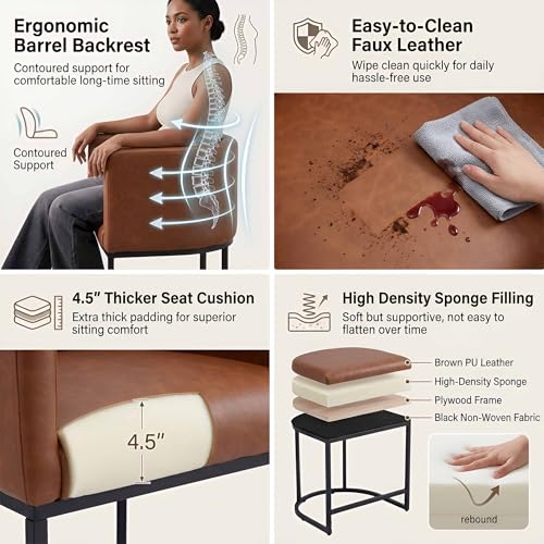 Image of HNY Modern Barrel Counter Height Bar Stools Set of 3, 24 Inch Kitchen Bar Stools with Back, PU Leather Barstools Bar Height for Island with Black Metal Tubular Frame, Brown