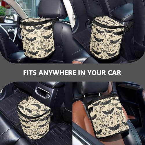 Image of MNSRUU Car Trash Can with Lid, Bats and Flowers Vintage Car Trash Bag Hanging Organizers and Storage for Front Back Seat, Leak-Proof Trash Bin
