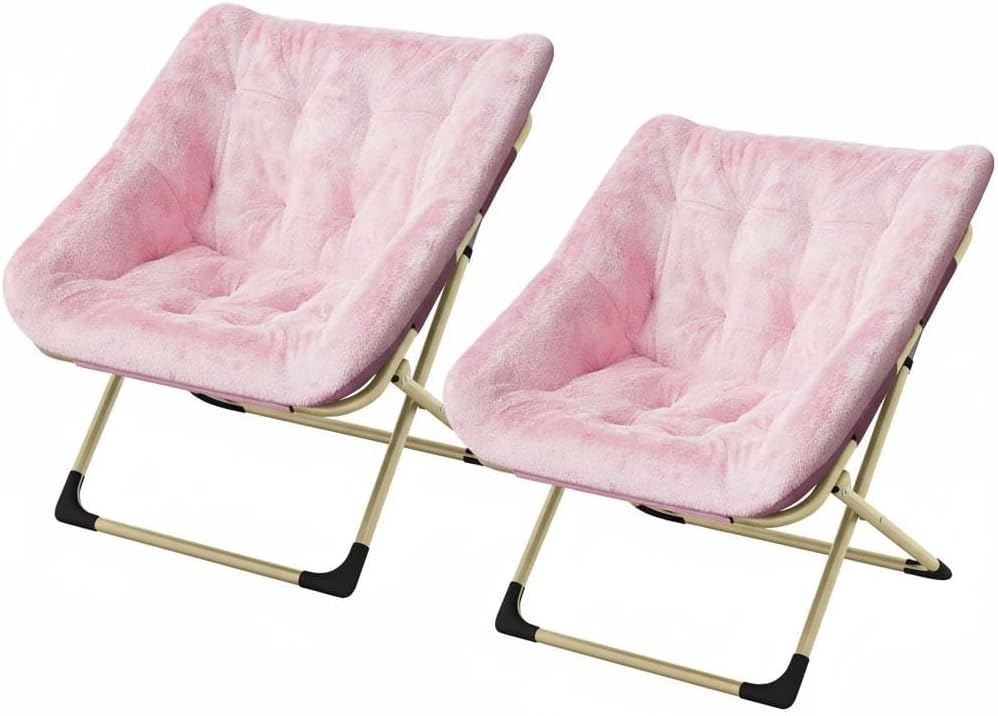 Collapsible Saucer Chair for Adults – Comfy Faux Rabbit Fur, Sturdy Gold Metal Frame – No Assembly, Ideal for Bedroom, Living Room, Dorm & Apartment – Pink (Rabbit Fur No. 23)