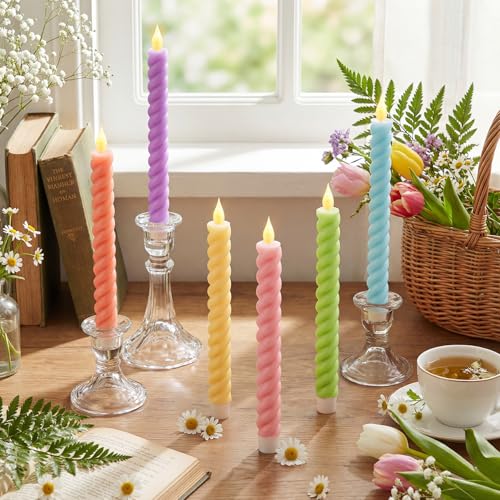 Image of Baquler 6 Pcs Flameless Taper Candle Pastel Twisted LED Taper Spiral Candlestick 9.65 Inch Colorful Battery Operated Candles Centerpieces for Spring Tea Party Wedding Birthday Easter Home Decor