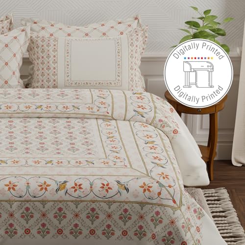 Image of BOUTIQUE LIVING Platinum Pulse 100% Cotton 800 TC White Digital Meenakari Print King Bedsheet with 4 Pillow Covers