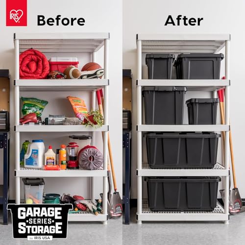 Image of IRIS USA 20 Gallon Lockable Storage Bins with Lids, 6 Pack - Made in USA, Heavy Duty, Stackable Containers, Garage Organizing Bins Moving Tubs, Rugged Sturdy Equipment Utility Box - Black