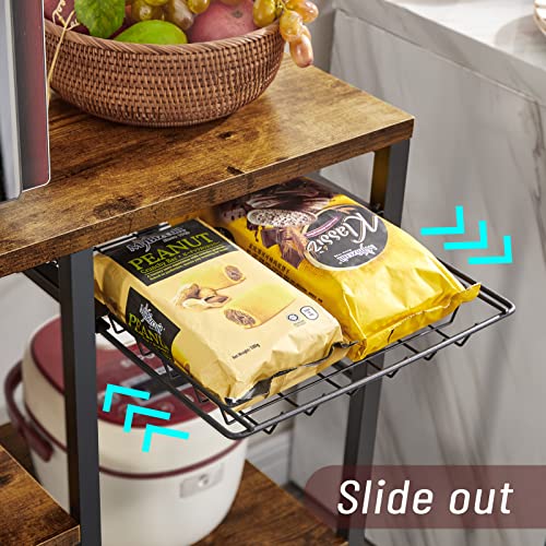 Superjare Kitchen Bakers Rack With Power Outlet, Coffee Bar Table Station, Microwave Stand With 6 S-Shaped Hooks, Wire Basket, Storage Shelf - Rustic Brown #TOP5