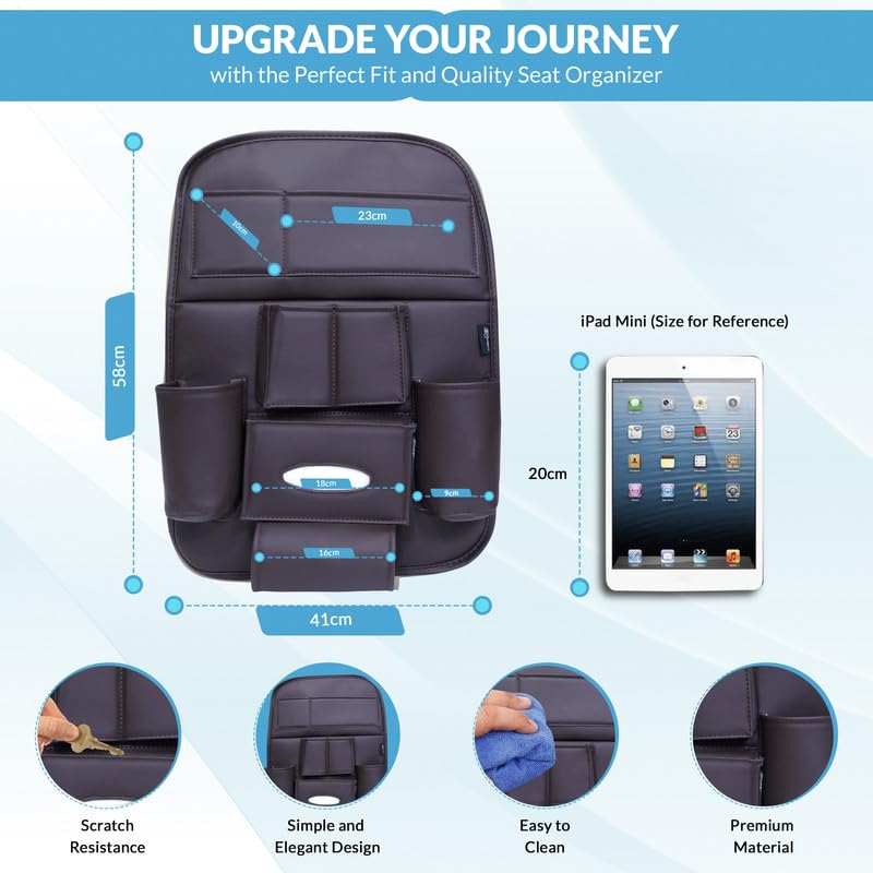 NEODRIFT 'Seat Master Lite' Premium 7D Car Seat Organizer, Universal Fit, Multi-Pocket Storage for Bottles, Mobile, Keys, Documents, Tissues (Color: Coffee) (Set of 2) - Image 3 thumbnail