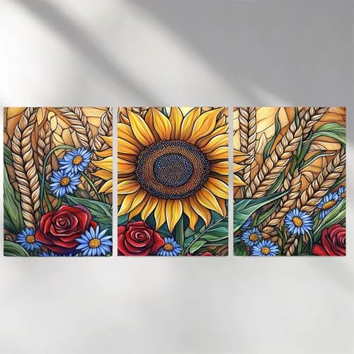 Peinture diamant kit complet tournesol carré : triptyque 50x75cm pour art en cristal mural