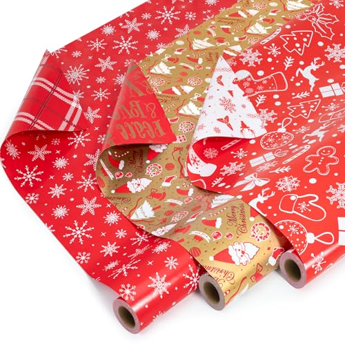 RJVW Small Christmas Gift Wrapping Paper Rolls,3 Rolls 17inches x 198inches Reversible Gift Wrapping Paper, Red Gold White Wrapping Paper, Snowflakes, Stripes, Plaid, Santa hat, Christmas decorations