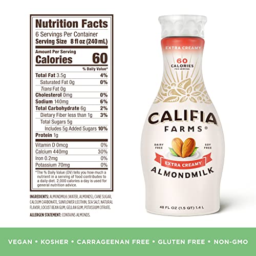 Califia Farms - Extra Creamy Almond Milk, 48 Oz, Dairy Free, Vegan, Plant Based, Vegan, Gluten Free, Non Gmo, High Calcium, Smoothie #TOP5