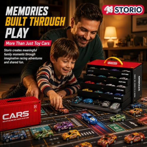 Image of Storio 48 Pull Back Toy Cars Set for Kids with Storage Container & Play Mat, Metal Mini Race Cars, Car Carrier Organizer Box, Party Favors for Boys Girls Age 3-8 Years