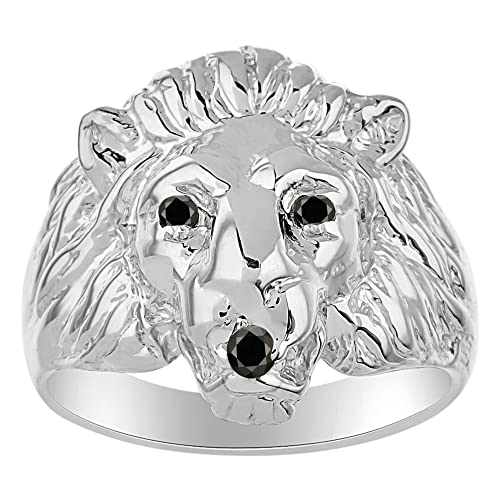 RYLOS Mens Rings 14K White Gold Lion Head Ring Genuine Black Diamond Mouth & Gemstone Colorstones in Eyes Fun Designer Rings For Men Men's Rings Gold Rings Black Diamond Mens Jewelry Cover