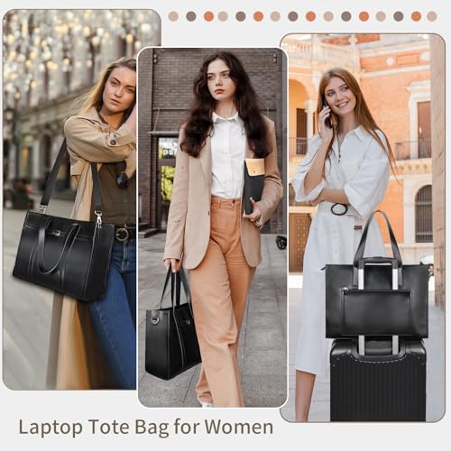 ESTARER Women's Laptop Leather Bag, 15.6 Inch Teacher Tote Bag with Removable Laptop Sleeve, Large Water-Resistant Shoulder Laptop Bag for Work/Travel/Office (3Pcs, Black)2