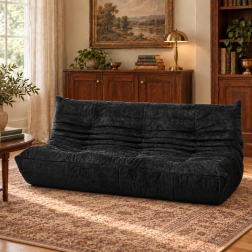 Image of N&V Fireside Chair, Mid Century Armless Floor Sofa, Soft Premium Chenille Floor Lounge Chair, Foam Sofa Accent Chair for Living Room Bedroom and Office (Black, Three Seater)