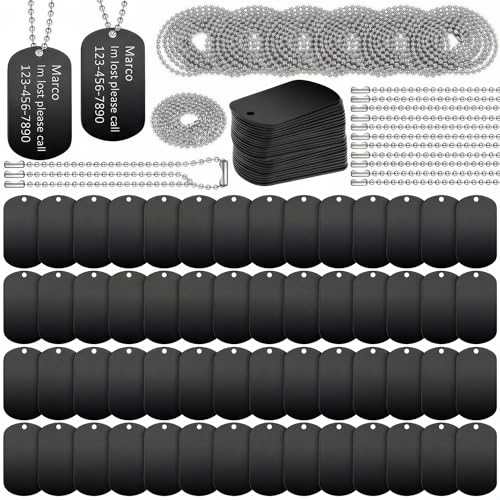 200Pcs Military Dog Tag Set 100pcs Personalized Dog Tags Aluminum Blank for Engraving 100pcs Stainless Steel Chain Ball Rectangle Metal Stamping Label for DIY Crafts Pet ID Keychains Gift (Black)