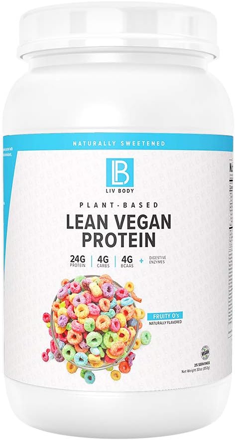 LIV Body | Plant-Based Lean Vegan Protein | 24g Protein & 4g BCAAs per Serving | Probiotic + Digestive Enzymes | Great Tasting Flavors (Fruiti O's)