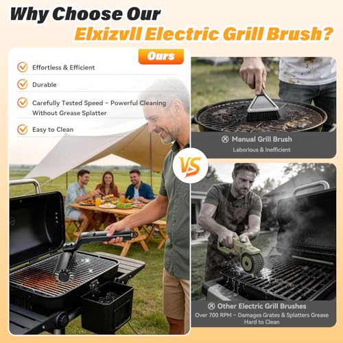 Electric Grill Brush for Outdoor Grill - Cordless Rechargeable Grill Cleaner with 180-Min Runtime, 3 Speeds, 545°F Heat Resistant, 180° Adjustable Angle, 2-in-1 Heavy-Duty BBQ Cleaning Kit — view 3
