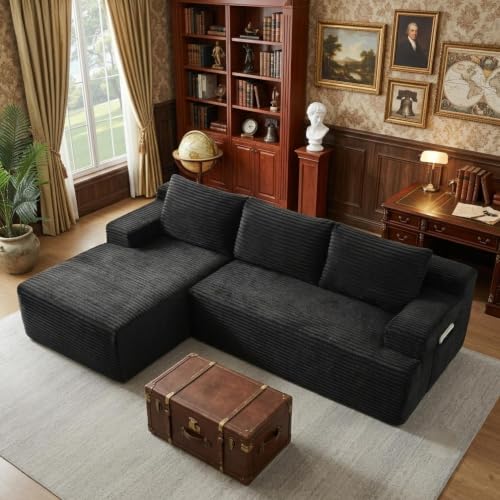 96" Corduroy Sectional Sofa Boneless Couches for Living Room - L Shaped Compressed Cloud Couch with Left Facing Chaise Lounge and Side Pockets