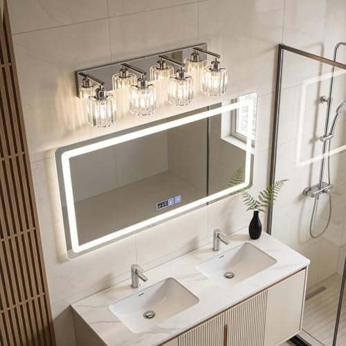 Image of Brushed Chrome Crystal Bathroom Vanity Light, 4-Light Modern Bathroom Lighting Fixtures Over Mirror,Chrome Wall Sconce Light Fixtures with Round Shade