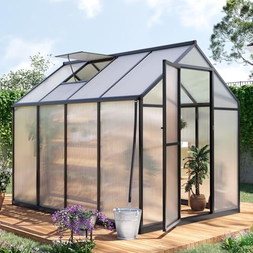 KING BIRD Premium Greenhouse for Outdoors, 8x6FT Polycarbonate Quick-Setup Large Walk-in Aluminum Frame & PC Panel Garden Plant Hot Green House for Outside w/ Roof Vent Swing Door, Grey
