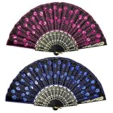 Vintage Abanico de Encaje 2PCS Ventilador de Encaje Bordado Abanico Negro Abanic Español Admirador Plegable de Cordón para Mujer para Carnaval,Fiestas de Disfraces y Eventos de Baile (Azul Magenta)