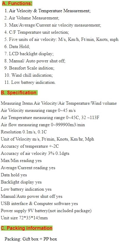 Image showing functions, specifications, and packing information for the GM8902 anemometer