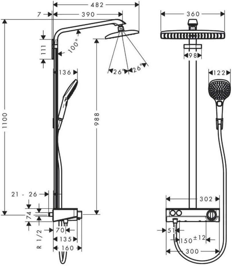 Technical drawing with dimensions for Hansgrohe Raindance E Showerpipe 360