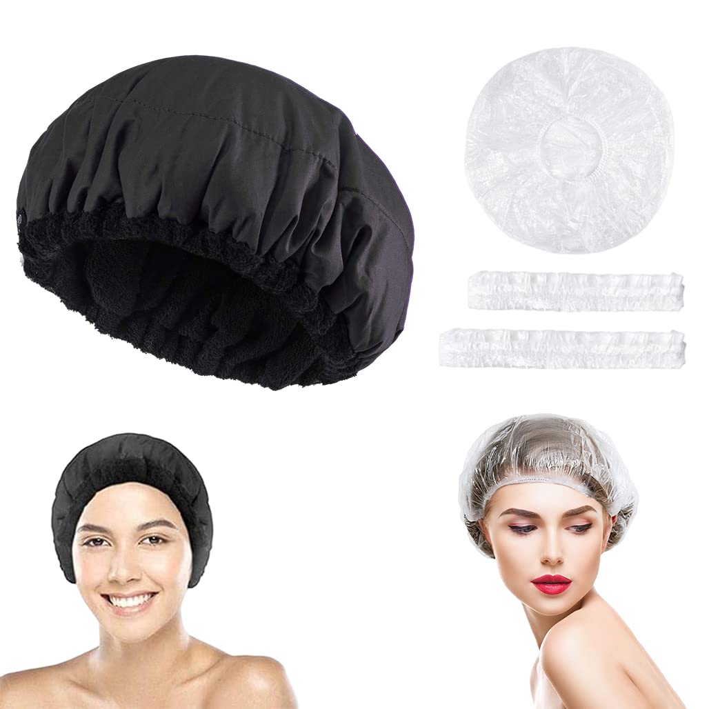 Goodern Deep Conditioning Hair Cap With 100 Pcs Disposable Shower Cap - Cordless Microwavable Styling and Steamer Cap for Women - Hot Thermal Spa Heat Retention for Haircare