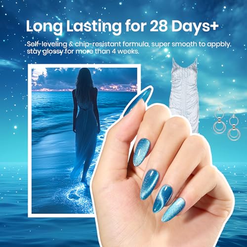 Image of Beetles Blue Cat Eye Gel Polish, 15ML Blue Cat Eye Glitter Gel Polish with Magnet Shimmer Velvet Gel Soak Off UV Stellar Ocean Collection French Nail Art Design Manicure Summer Gifts for Women