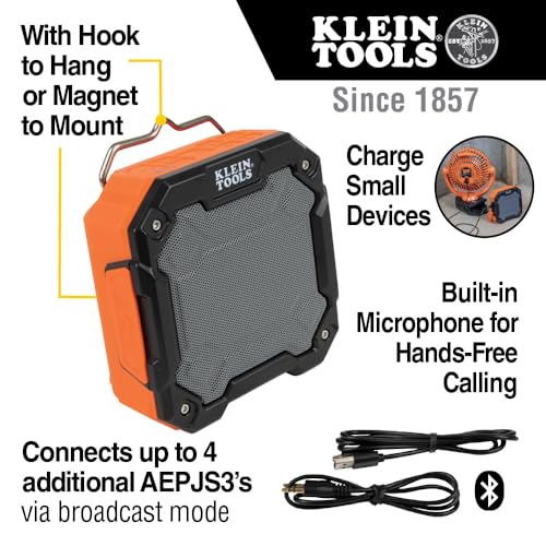 KLEIN TOOLS AEPJS3 Bluetooth Jobsite Speaker with Magnet and Hook, 20-Hr Run Time, Charge Via USB A or C, Pair Multiple Speakers via Broadcast, Hands Free Capable - image 3