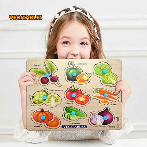 Image of Vegetable Wooden Puzzle - Montessori Educational Wooden Jigsaw Board for Toddlers & Kids Ages 2-5 - Early Learning Vegetable Recognition & Fine Motor Skills Toy