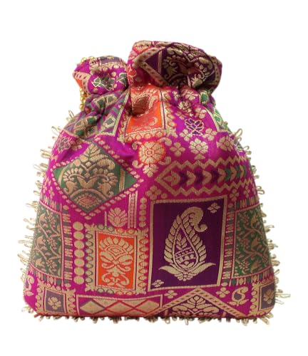 Image of MILAN'S CREATION Patola Potli Banarasi Silk Brocade Bag Purse Drawstring Women's handbag with Pearl Handle & Tassel Weddings (Multicolor- Magenta)