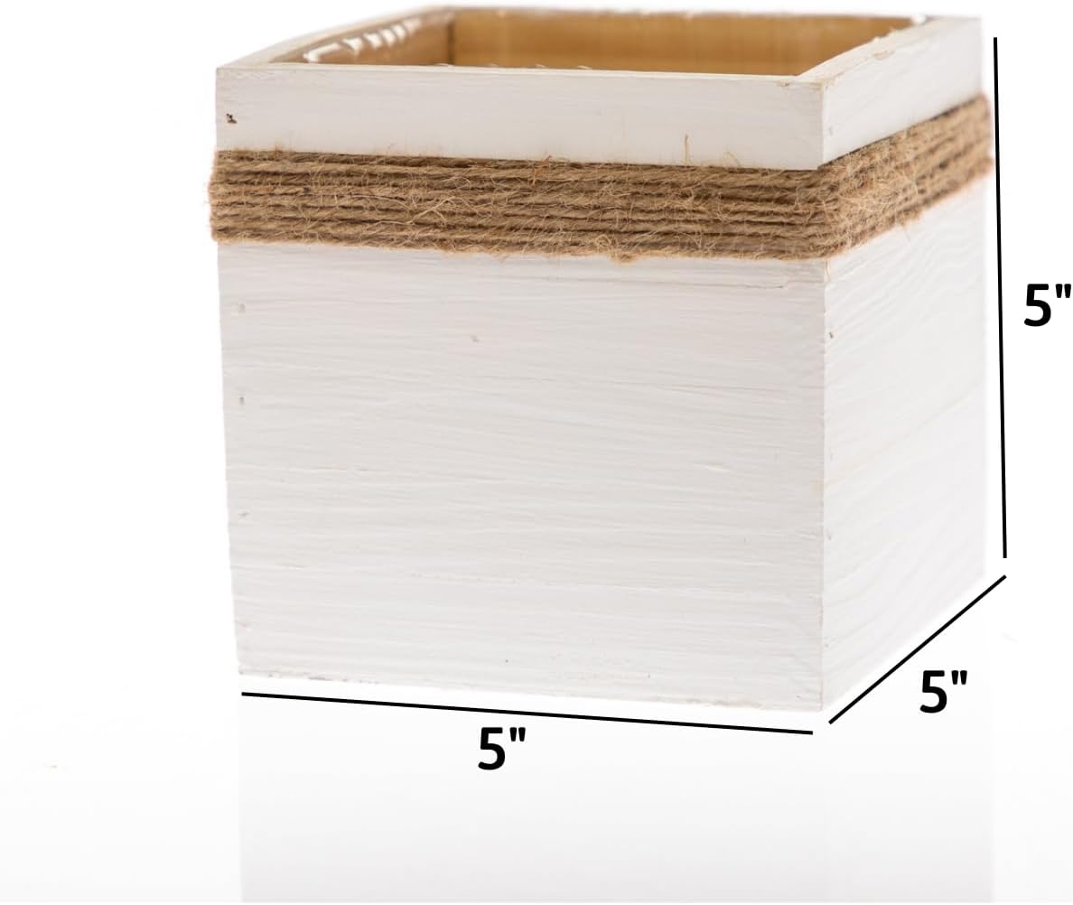 Jute Rope Wood Planter (5" x5) Whitewashed Wooden Boxes l Garden Centerpiece Display l Wedding Flowers Holder (Pack of 4) (w050505.12)