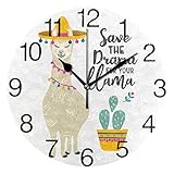 senya Cute Llama Alpaca with Cactus Design Round Wall Clock, Silent Non Ticking Oil Painting Decorative for Home Office School Clock Art