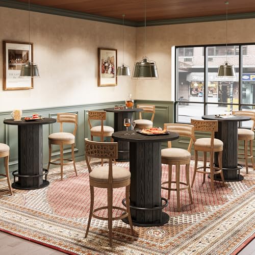 Image of Tribesigns Round Dining Table Set of 4, Bar Height Commercial Kitchen Table with Wood Strip Base and Footrest, for Dining Room, Restaurant, Cafe, Bakery, Pub, Apartment, Black (Only Table)