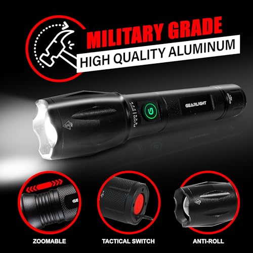 Image of GearLight S1000 LED Tactical Flashlight - High Lumens, USB-C Fast Charging, Dual-Button, IPX4 Water-Resistant, Pocket-Sized for Camping & Emergencies with Batteries - 2 Pack, (Rechargeable)