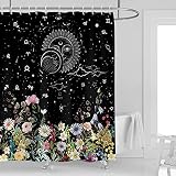 Kikiry Moon Shower Curtain 60''W x 72''L Black Floral Moon Phase Mysticism Constellation Astrology B