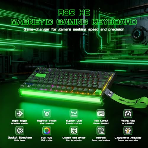 Image of ATTACK SHARK R85 HE Rapid Trigger Keyboard Magnetic Switch with Custom Lightbox, 75% Wired Mechanical Keyboard, 8KHz Polling Rate, 0.005mm RT Accuracy, Support RT /Snap Tap /DKS /MT /TGL-Fluorescent Green