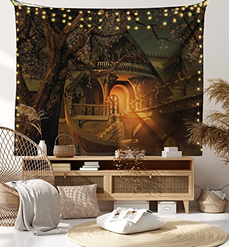 Lunarable Fantasy Tapestry Queen Size, Enchanted View With Elven Boat Floral Tree Fairytale Night Design, Wall Hanging Bedspread Bed Cover Wall Decor, 88" X 88", Green Cinnamon #TOP22