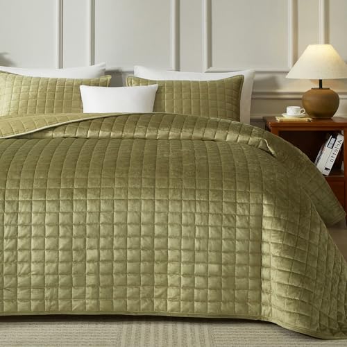 Powdion Velvet Quilt Queen,Luxury Olive Green Quilt Comforter Queen Size