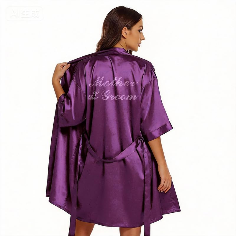 Image of Women's Bride Bridesmaid Robes Short Satin One Size Silver Rhinestones Wedding Party Getting Ready Sleepwear