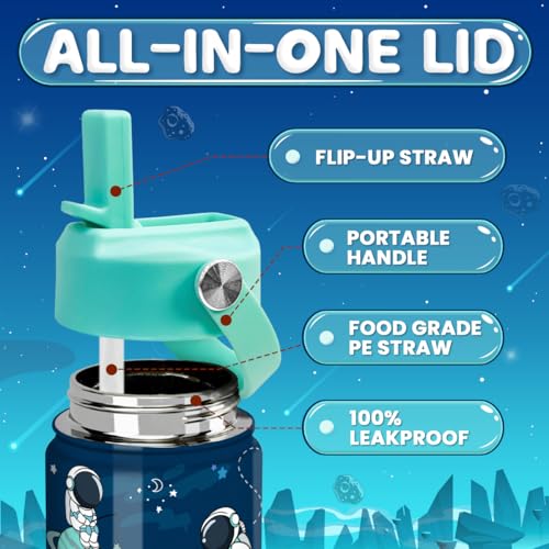 Image of SANDJEST Astronaut Water Bottle - Kids Water Bottle with Straw Lid - 12 Oz Insulated Stainless Steel Water Bottles for Kid Boys - Travel Cup for School Sports