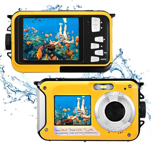 Appareil Photo Numérique Etanche Full HD 2.7K 48MP Double Ecran Anti-Vibrations, Selfie Double Ecran 16x Zoom pour Natation et Vacances (Jaune)