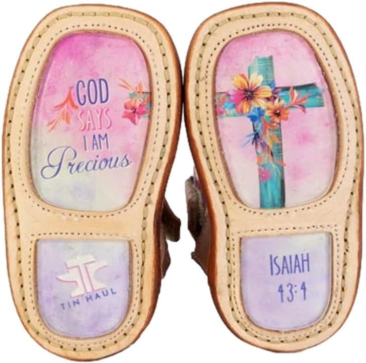Tin Haul Western Cowboy Boots, Soft Pink Cowhide Leather, Floral Cross Design, Cushioned Insole, Side Zip, Size 4, Love Jesus Collection, Infant