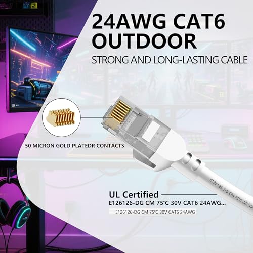 image for Jadaol Cat 6 Outdoor Ethernet Cable 50 ft, Support Cat8/7 Network, 10G