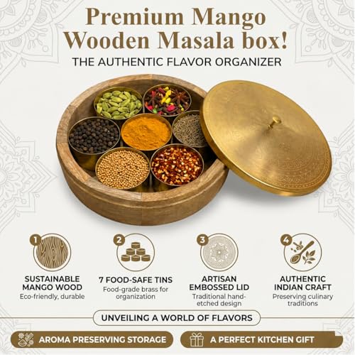 Image of SYPHER Wooden Masala Box with 7 Containers (120 ml Each) | Acacia Wood Masala Dabba for Kitchen | Traditional Indian Spice Box Organizer | Multipurpose Storage | Gift for Wedding & Housewarming