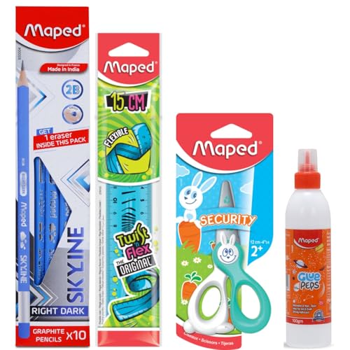 Maped Craft Kit for Kids|Pencil, Twist & Flex Ruler, Kidi cut Scissor,White Glue- A complete Craft Supply|Wooden Pencils|Shock proof Scissor|Ideal for young kids learning|Safe & Non-toxic For Children