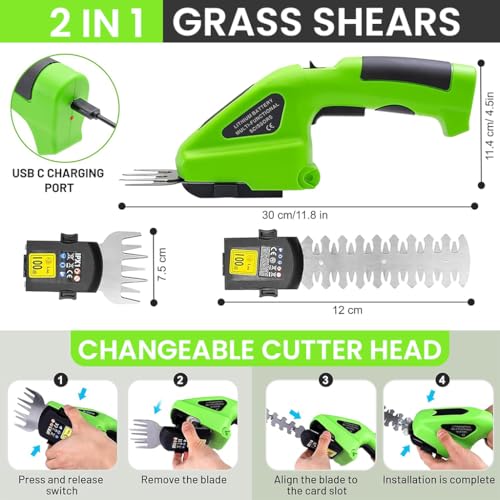 Image of HASTHIP 2 in 1 Handheld Cordless Grass Shear Weed Cutter with 2 Interchangeable Blades Multipurpose USB Rechargeable Handheld Grass Hedge Clipper