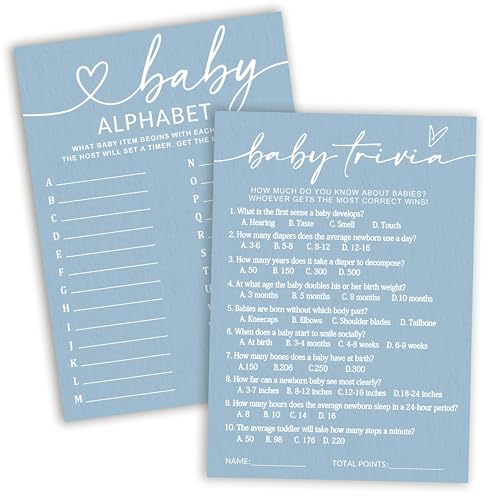 Jeux de fête prénatale bleu minimaliste M carte animation baby shower mixte
