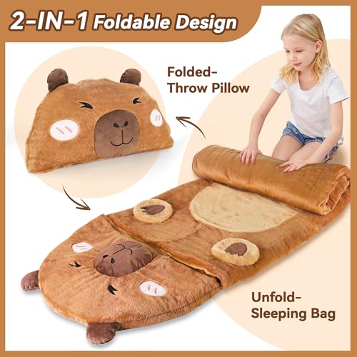 iPlay, iLearn Kid Sleeping Bag, Plush Capybara Slumber Bag, Toddler Girl Boy Nap Mat, 2 In 1 Brown Animal Pillow, Happy Travel Sleepover Daycare Preschool Birthday Gift for Age 3 4 5 6 7 8 10 12 Child - Image 6
